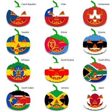Set pumpkins for halloween as a flags of the world. vector illus Stock Illustration