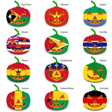 Set pumpkins for halloween as a flags of the world. vector illus 스톡 일러스트