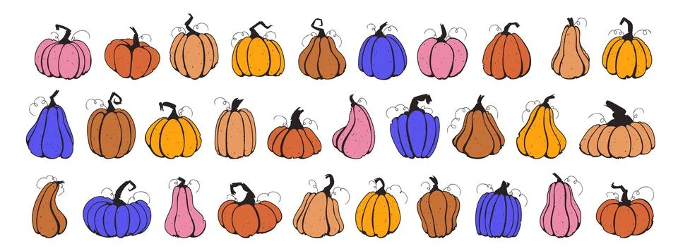 Set pumpkins, squash vector symbols illustrations. Retro 90s style pumpkins.. Stock Illustration