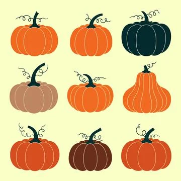Set of pumpkins in various shapes sizes and colors Stock Illustration