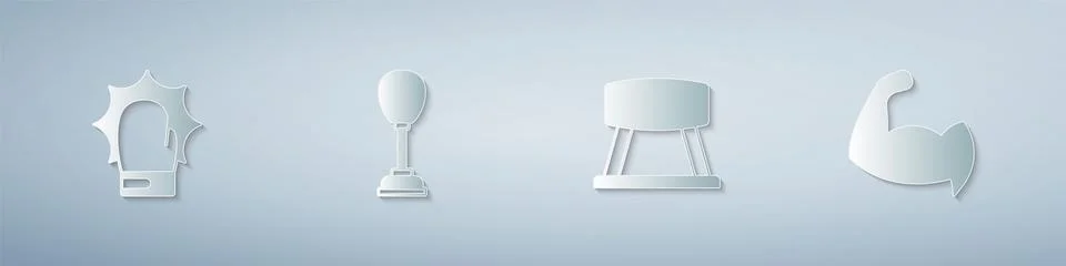 Set Punch in boxing gloves, Punching bag, Pommel horse and Bodybuilder showing Ilustração Stock