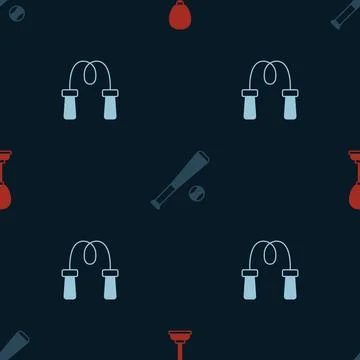 Set Punching bag, Baseball bat with ball and Jump rope on seamless pattern 스톡 일러스트