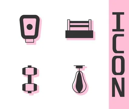 Set Punching bag, Boxing training paws, Dumbbell and ring icon. Vector 스톡 일러스트