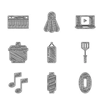Set Punching bag, Sewing thread on spool, American Football ball, Spatula, Music Illustrazione stock