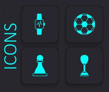 Set Punching bag, Smart watch with heart, Soccer football ball and Chess icon Ilustración de archivo