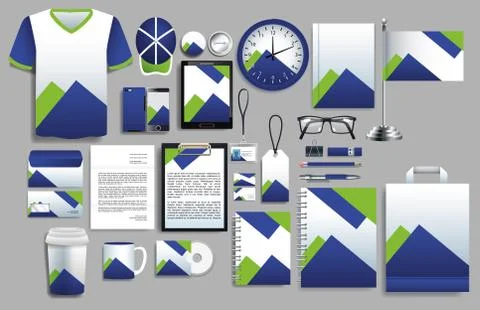 Set of purple and green elements with stationery templates Stock Illustration