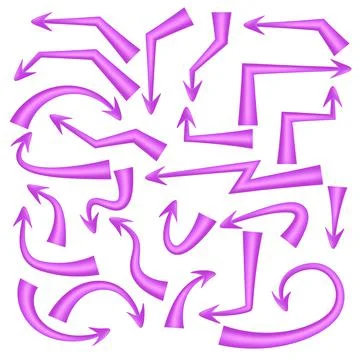 Set of purple arrows pointers with soft turns isolated on white. Ilustración de archivo