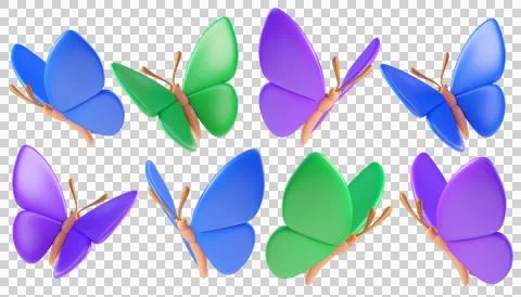 Set of purple, blue, green 3D butterflies, flying in different angles Stock Illustration