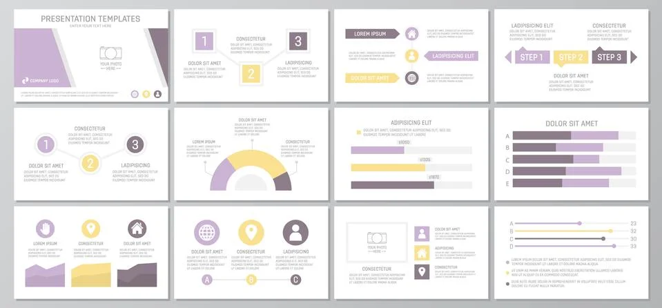 Set purple elements for multipurpose presentation template slides with graphs 스톡 일러스트