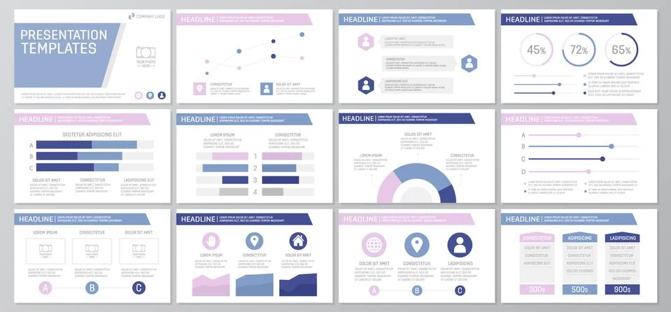 Set purple elements for multipurpose presentation template slides with graphs 스톡 일러스트