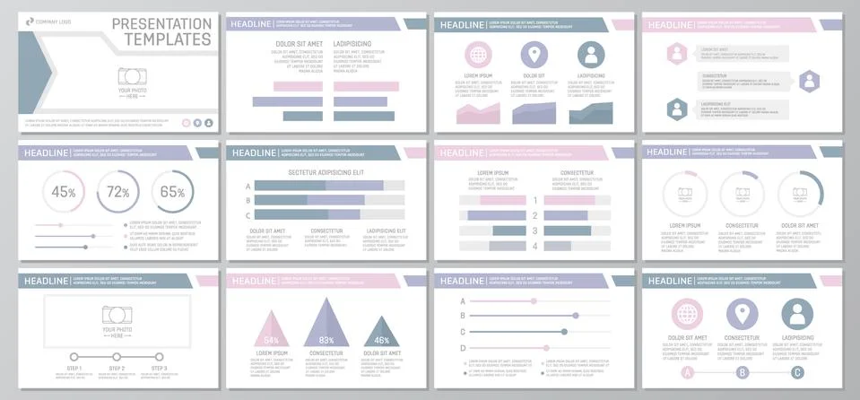 Set of purple elements for multipurpose presentation template slides with graphs 库存插图