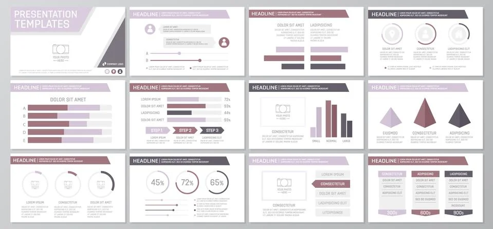 Set of purple elements for multipurpose presentation template slides with graphs イラスト素材