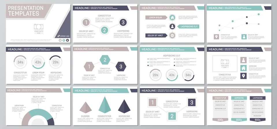 Set of purple elements for multipurpose presentation template slides with graphs 库存插图