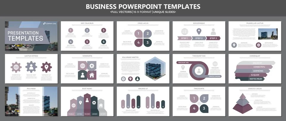 Set of purple elements for multipurpose presentation template slides with graphs 스톡 일러스트