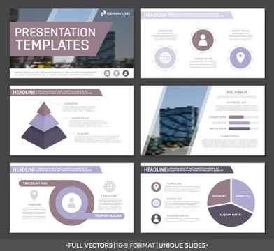 Set of purple elements for multipurpose presentation template slides with graphs イラスト素材