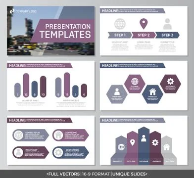 Set of purple elements for multipurpose presentation template slides with graphs 스톡 일러스트