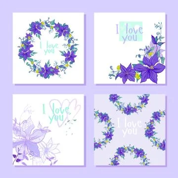 Set with purple flowers wreath pattern and postcards Stock Illustration