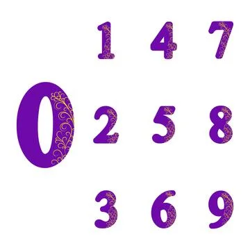 A-set-of-purple-numbers-with-a-yellow-pattern.-From-zero-to-nine.-White-back Stock Illustration