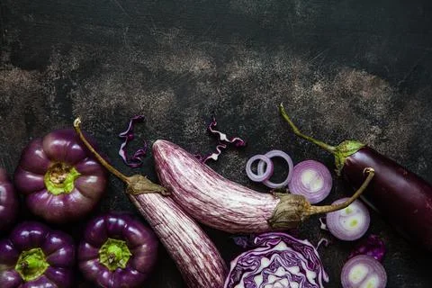 Set of purple vegetables on table Stock Photos