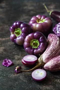 Set of purple vegetables on table Stock Photos