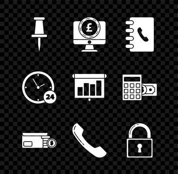Set Push pin, Address book, Envelope coin dollar, Telephone handset, Lock, .. Stock Illustration