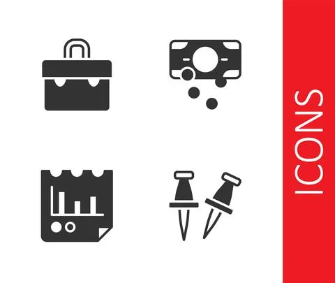 Set Push pin, Briefcase, Document with graph chart and Stacks paper money cash 库存插图