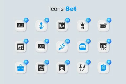 Set Push pin, Buy button, Business investor, Briefcase, Contract money, Boa.. Stock-Illustration