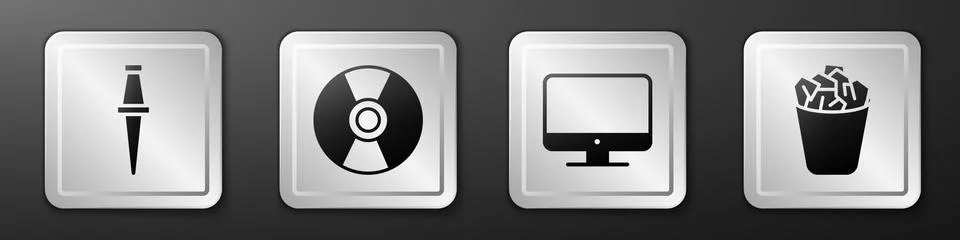 Set Push pin, CD or DVD disk, Computer monitor screen and Full trash can icon Stock-Illustration