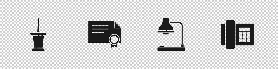 Set Push pin, Certificate template, Table lamp and Telephone icon. Vector Stock Illustration