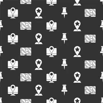 Set Push pin, City map navigation, Monitor with location marker and Map pointer Stock Illustration