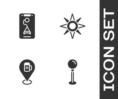 Set Push pin, City map navigation, Alcohol or beer bar location and Wind rose Stock Illustration