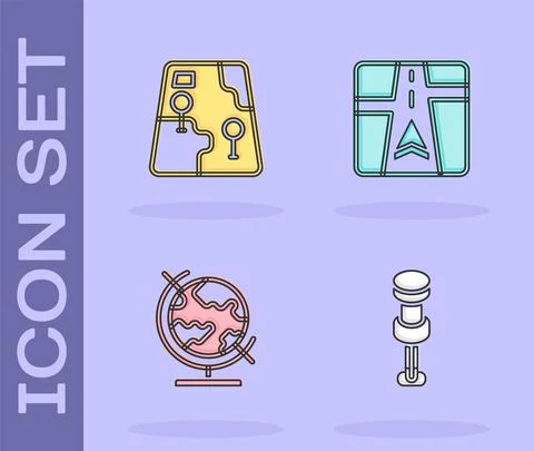 Set Push pin, City map navigation, Earth globe and Gps device with icon. Vector Stock Illustration
