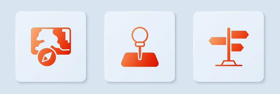 Set Push pin, City map navigation and Road traffic sign. White square button Stock Illustration