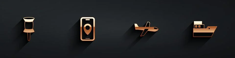 Set Push pin, City map navigation, Plane and Ship line path icon with long .. Stock Illustration