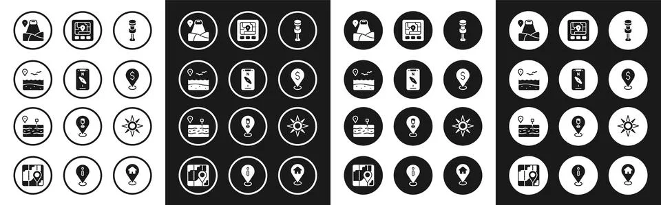 Set Push pin, Compass on mobile, Location with beach, mountain, Cash location Stock Illustration