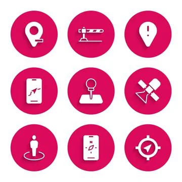 Set Push pin, Compass on mobile, Satellite, Location with person, City map na Stock Illustration