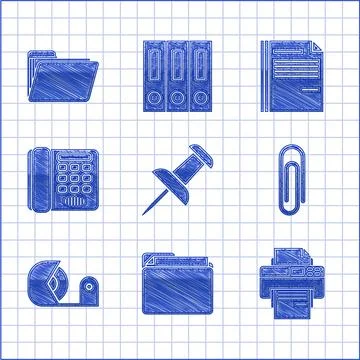 Set Push pin, Document folder, Printer, Paper clip, Scotch, Telephone, File Stock Illustration