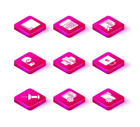 Set Push pin, Document settings with gears, Scotch, Printer, Folder, Coffee cup Stock Illustration