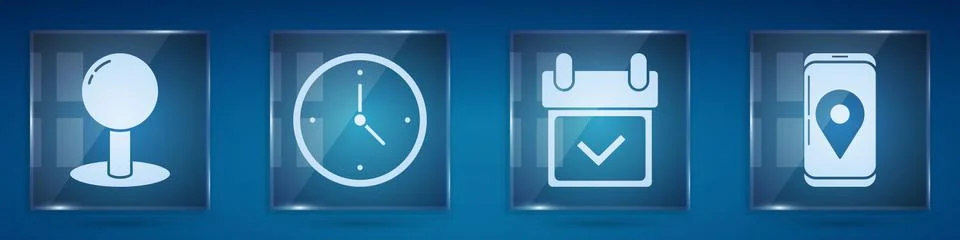 Set Push pin, Fast time delivery, Calendar with check mark and Mobile with app Stock Illustration