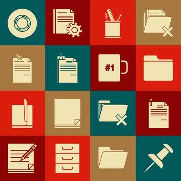 Set Push pin, File document and paper clip, Document folder, Pencil case Stock Illustration
