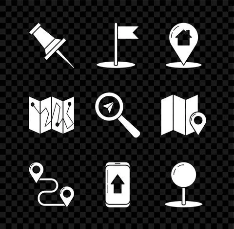 Set Push pin, Flag, Map pointer with house, Route location, Infographic of city Stock Illustration
