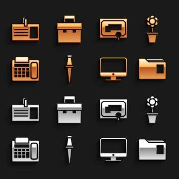 Set Push pin, Flower pot, Document folder, Computer monitor screen, Telephone Stock Illustration