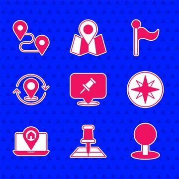 Set Push pin, Folded map with location marker, Wind rose, City navigation, Map Stock Illustration