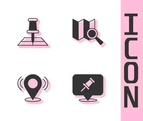 Set Push pin, Folded map with location marker, Map and Search icon. Vector Stock Illustration