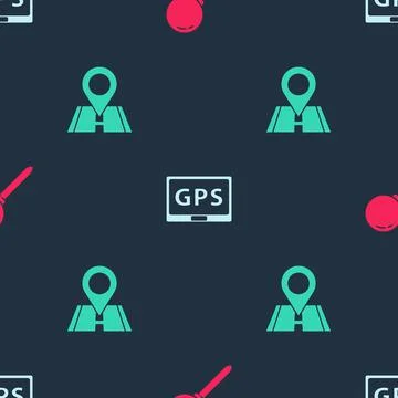 Set Push pin, Gps device with map and Location on seamless pattern. Vector Stock Illustration
