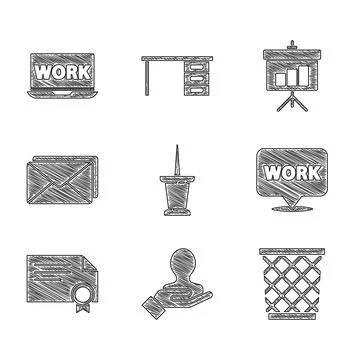 Set Push pin, Hand for search a people, Trash can, Location with text work Stock Illustration