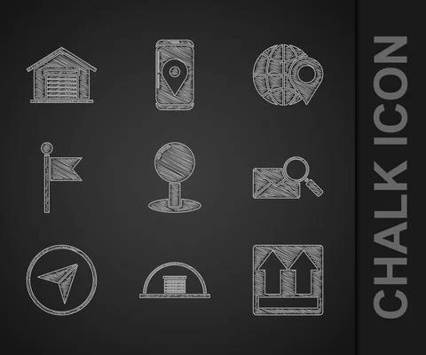 Set Push pin, Hangar, This side up, Envelope with magnifying glass, Infographic Stock Illustration
