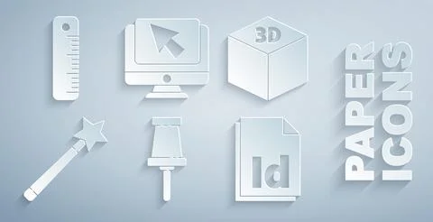 Set Push pin, Isometric cube, Magic wand, ID File document, Computer monitor Illustrazione stock