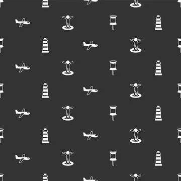 Set Push pin, Lighthouse, Plane and Location with person on seamless pattern Stock Illustration