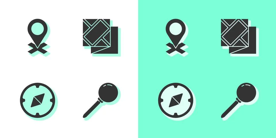 Set Push pin, Location, Compass and Folded map icon. Vector Illustrazione stock
